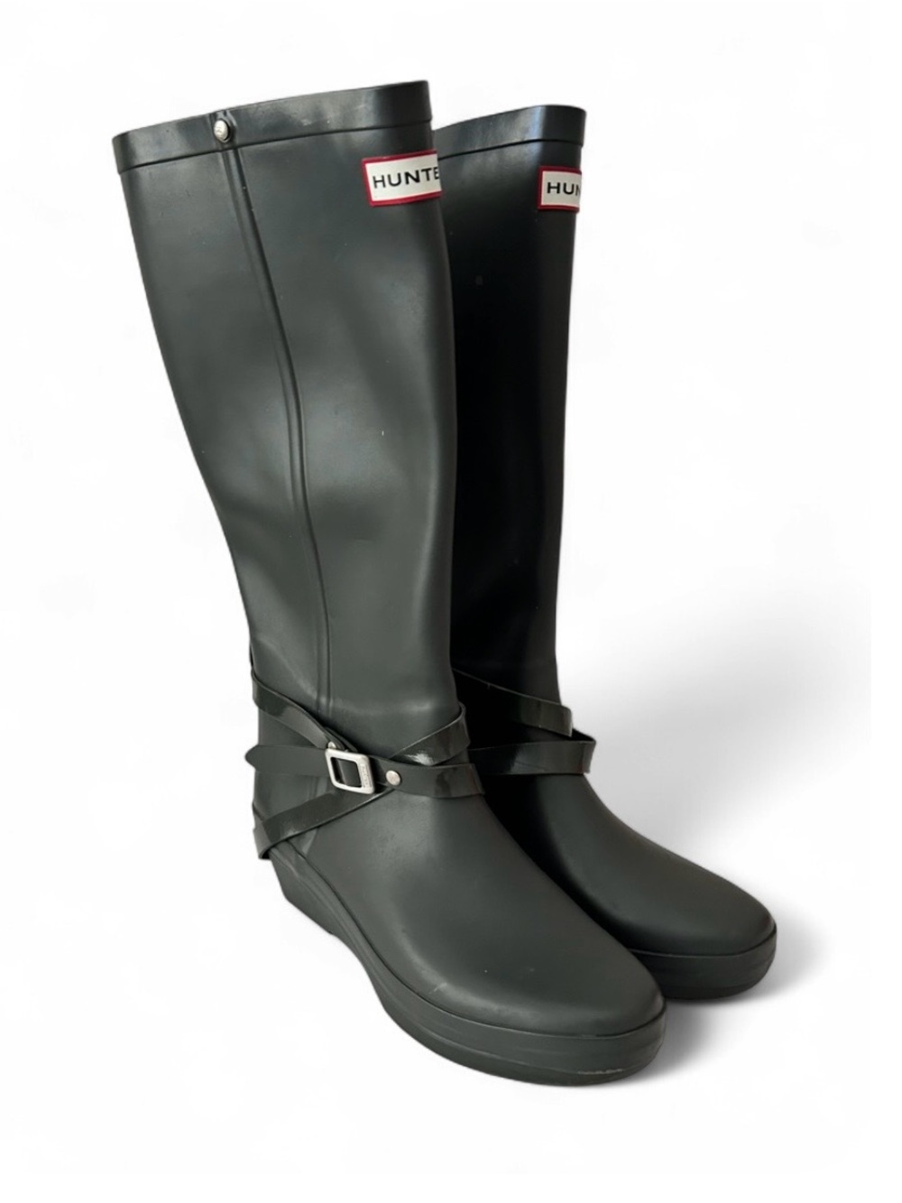 Hunter Andora Women’s Dark Gray Tall Wedge Rain Boots Ankle Strap Buckle Size 7